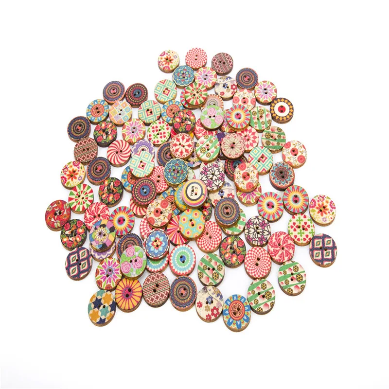 

100pcs Mixed Random Flower Painting Round 2 Holes Wood Wooden Buttons for Sewing Crafting 20mm