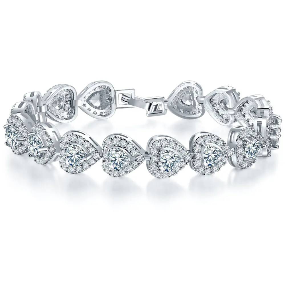 

DY Shiny Rhinestone Gold Plated Platinum Zircon Crystal Bracelet Heart For Women CZ Bridal Wedding Jewelry, Silver