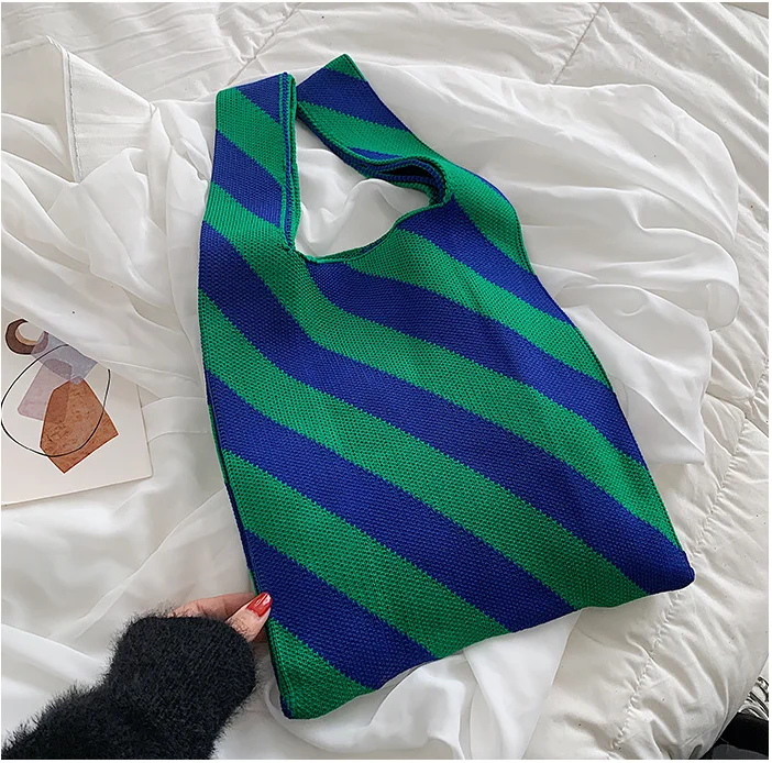 

Wholesale Multi-colored Stripe Wool Tote Knitted Vest Shopping Bag Customized Women Mini woven Foldable Casual Handbag