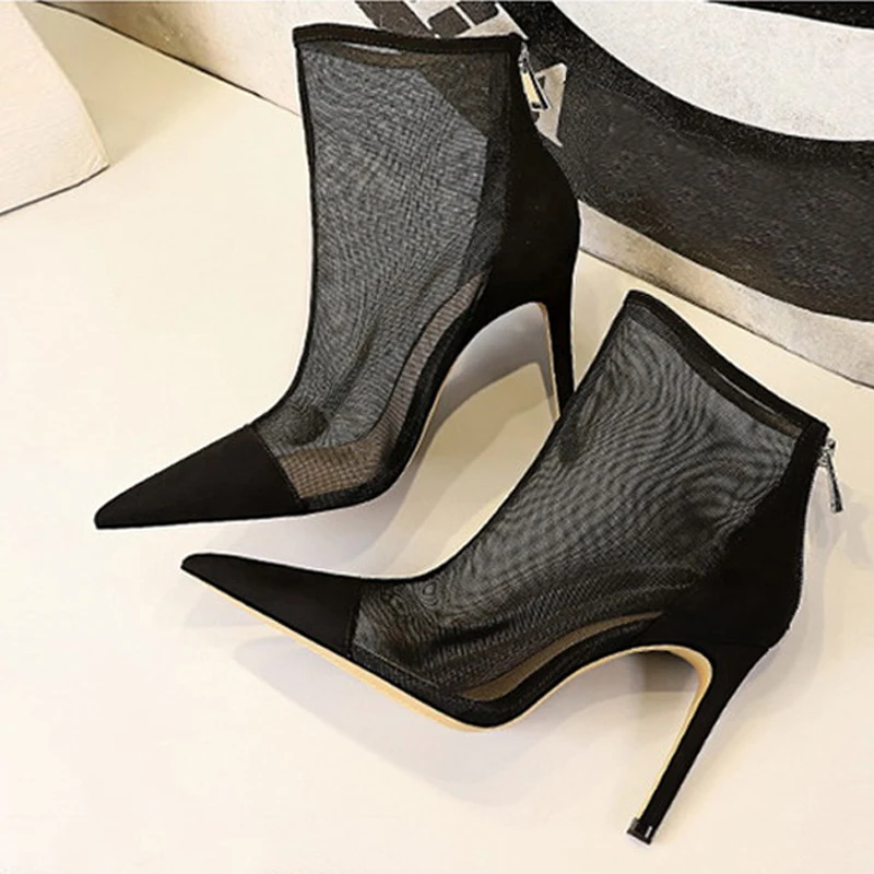 

Sexy Mesh high heels Boots for women Pointed toe shoes Ladies high heel Boots Runway 2022 Ladies Party shoes Wedding