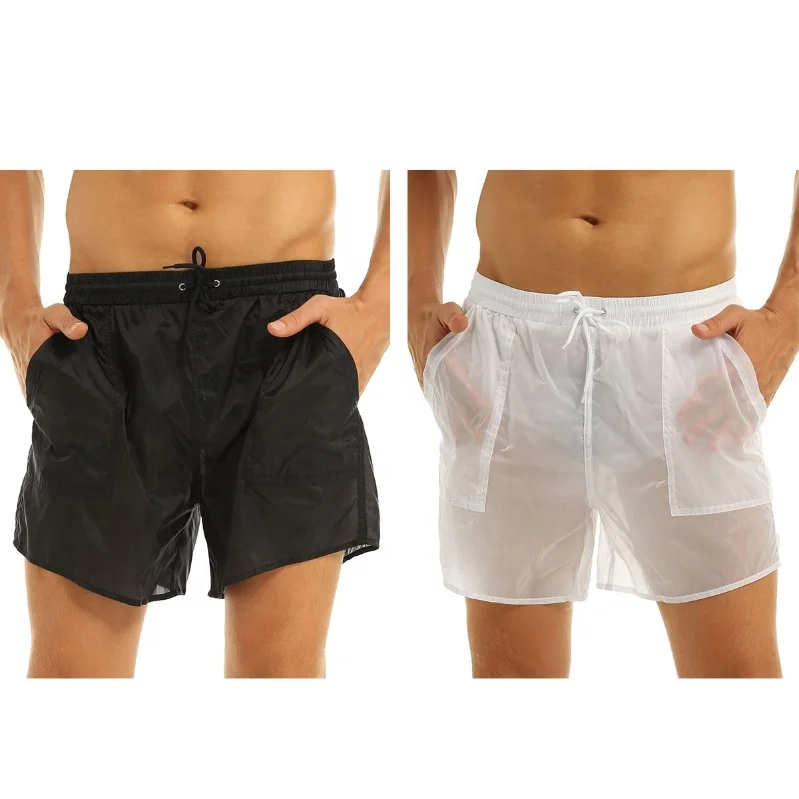 

Men Elastic Waist Sexy See Through Drawstring Boxer Briefs Quick Dry Swim Trunks Swimwear Shorts