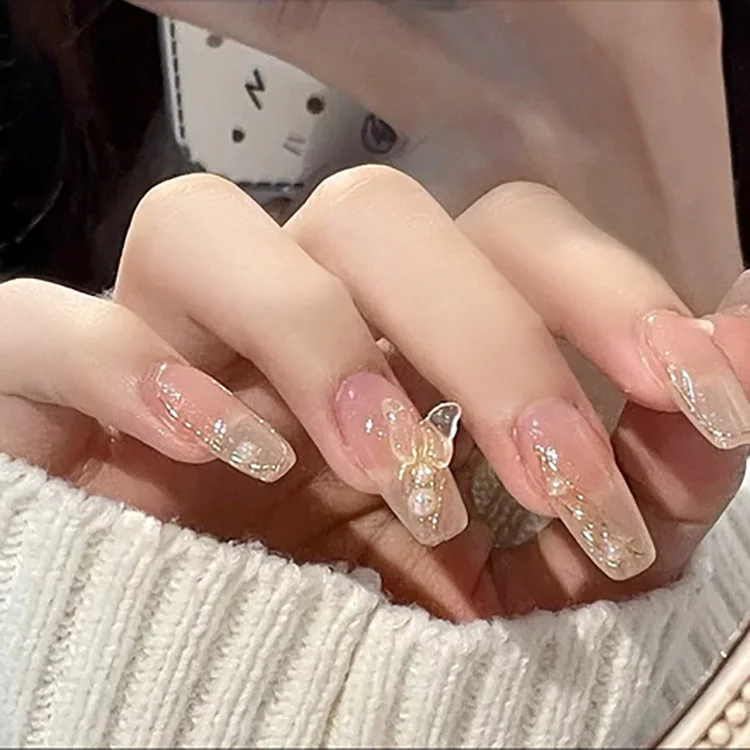 

X55 24 fake nails gold butterfly 3D style square and square head removable reusable wearable press on nails, Clear