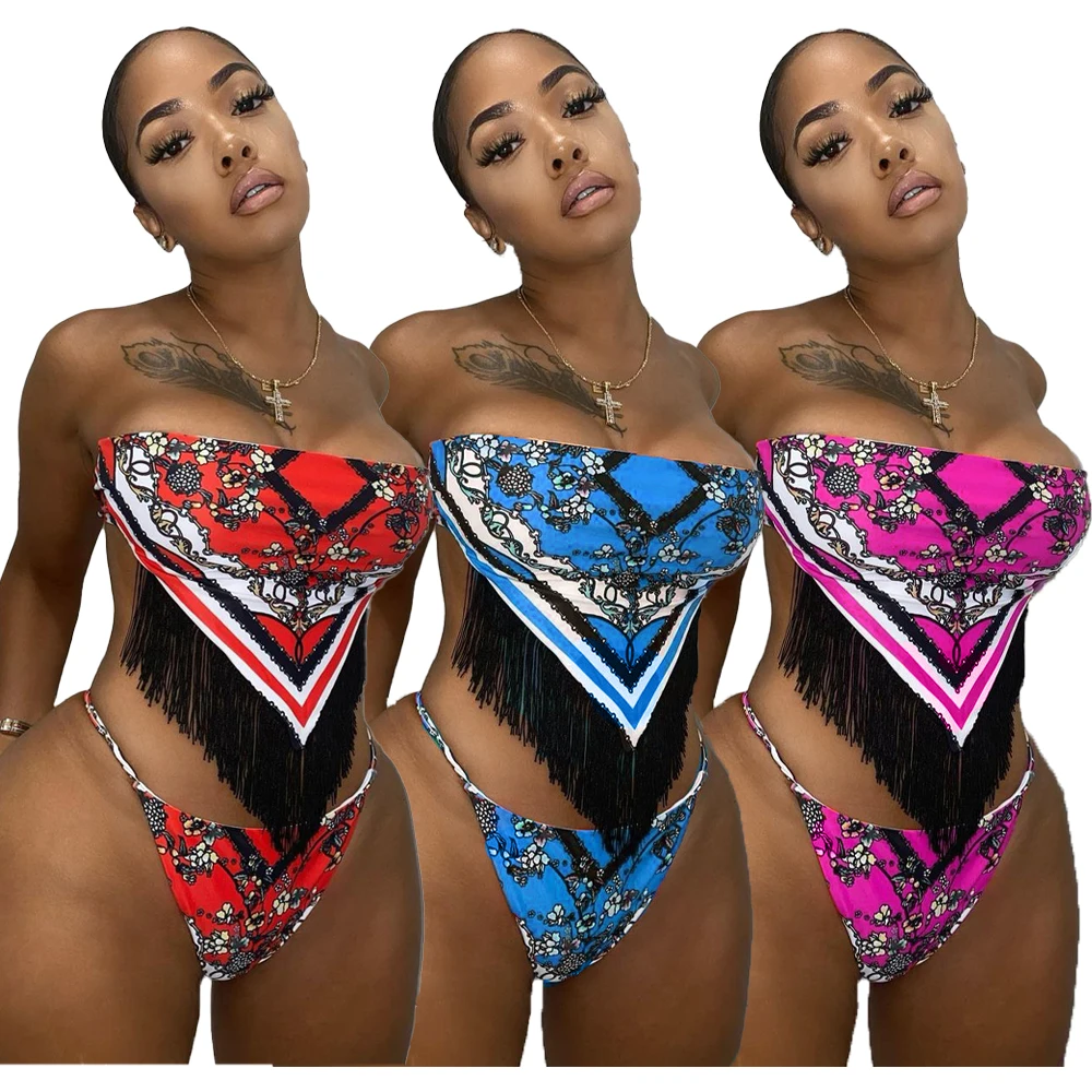 

B35887A 2021 Summer sexy mature hot lady african print 2 pcs bikini swimwear, Picture