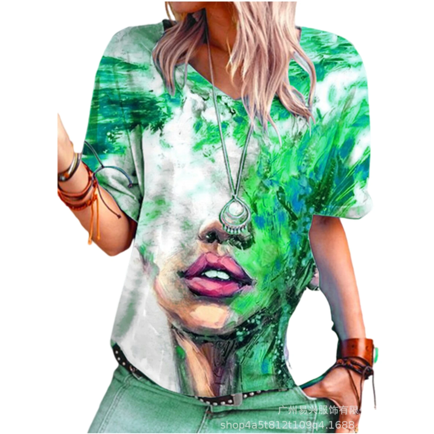 

European and American women's 2021V-neck T-shirt printing casual loose short sleeves