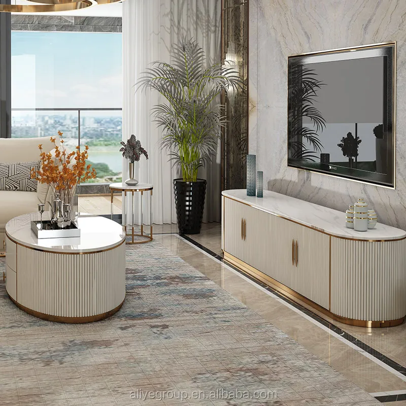 Modern Luxury Leather Combination Golden Accessories Marble Top Rectangular Tv Stand Coffee