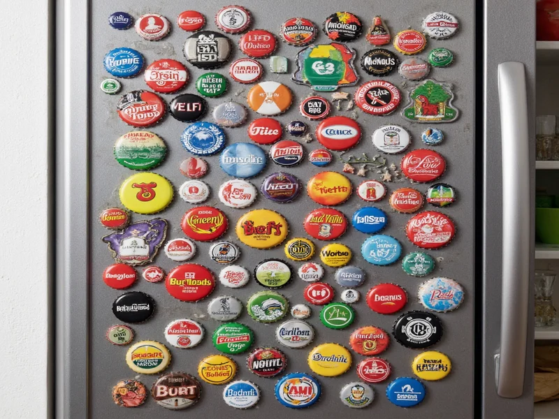 Brightly colored bottle cap magnets displayed on refrigerator