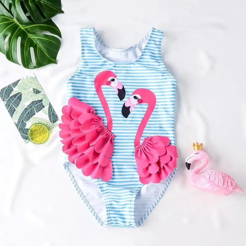 

Newborn Kids Baby Girls Striped Flamingo Swimwear Swimsuit Bathing Beachwear for 2-5Y, As picture