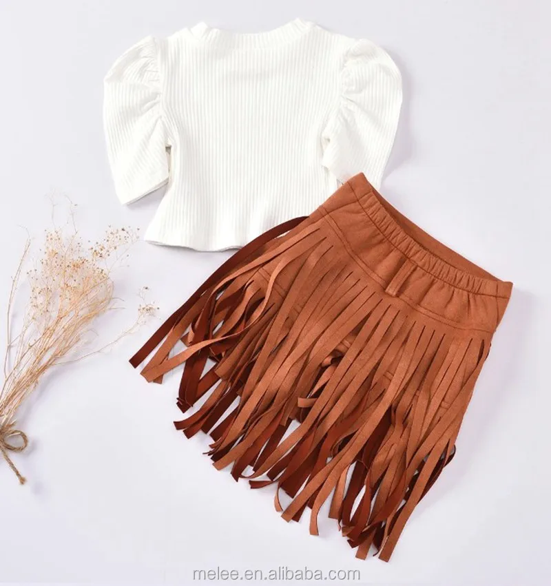 

Cute Toddler Baby Girl Clothes Sets White puff Tops T-Shirt Brown tassel Skirt Girls Outfit Kids fashion tassel clothes Set