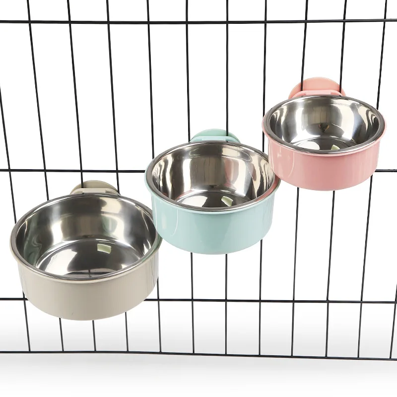 

Crate Dog Bowl Removable Stainless Steel Water Food Pet Feeder Bowls Cage Coop Cup for Cat Puppy Bird Pets, Pink, green, grey