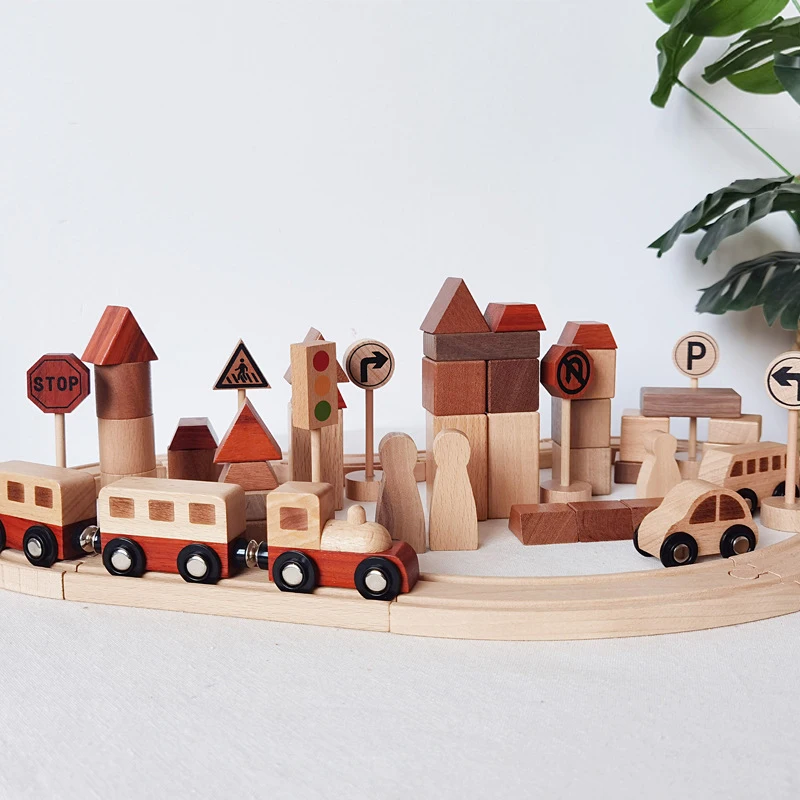 unpainted wooden trains