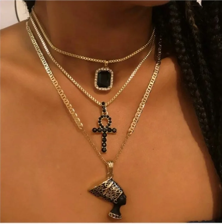 

Bohemian Women Multilayer Necklace Set Statue Black Crystal Pharaoh Egyptian Cross Necklace, Gold color