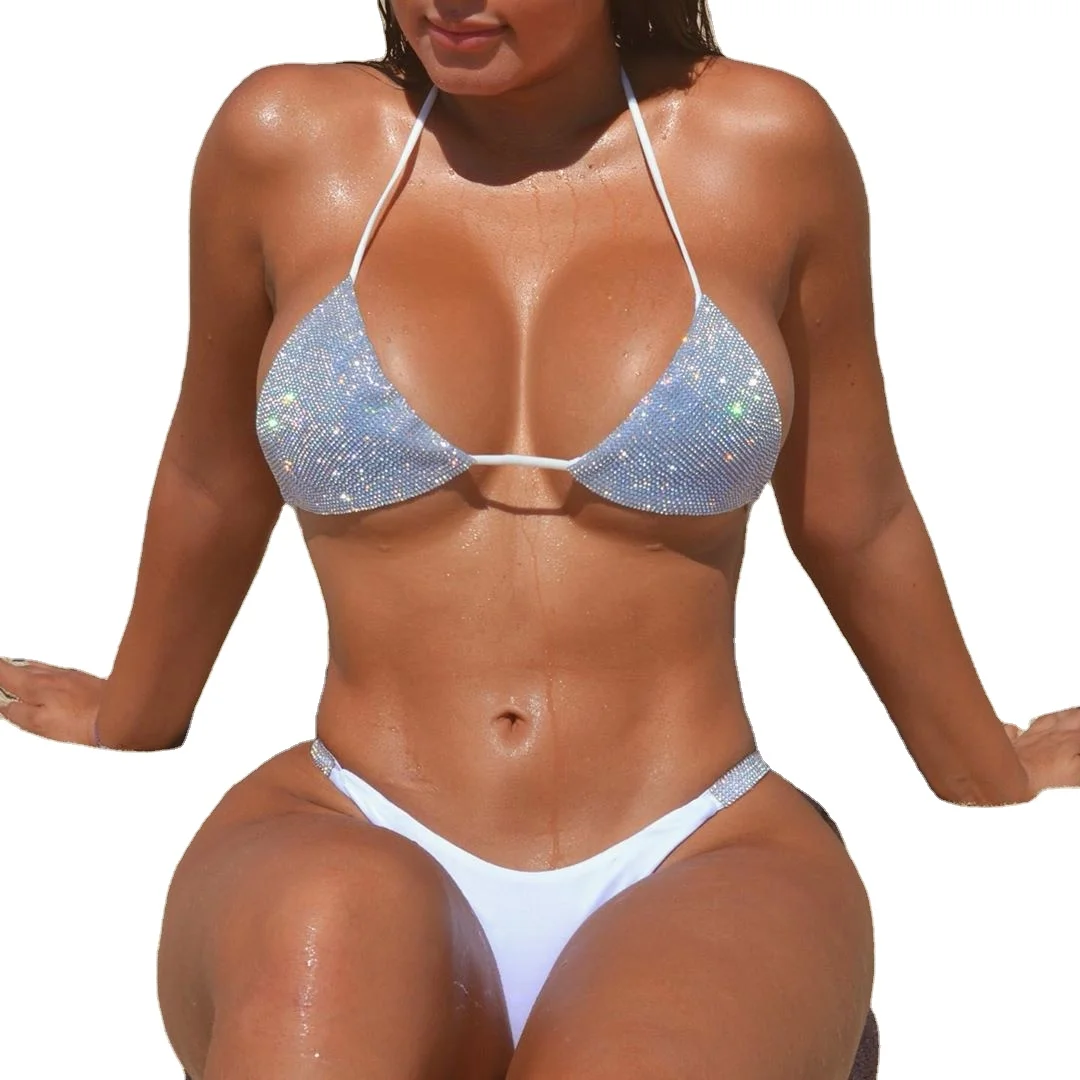 

2022 Summer Custom Shiny Bikini Set Women Sexy Halter Bra Thong Bikini Set Bathing Suits For Women, Red, blue