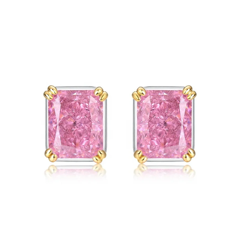 

High End 925 Sterling Silver Cubic Zirconia Earrings Shiny Pink Crystal Rectangle Lab Grown Diamond Stud Earrings