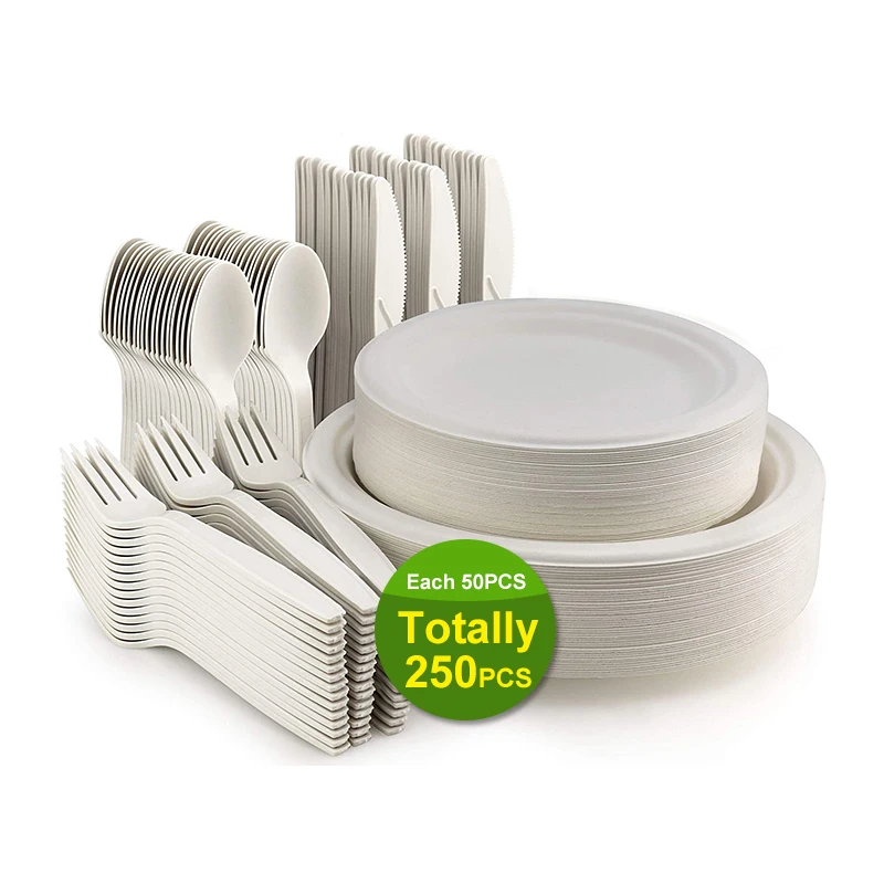 

Biodegradable Eco-Friendly Forks Knives Spoons Paper Plates Combo Cutlery Set Disposable Plates For Wedding Picnics Party Eid, White