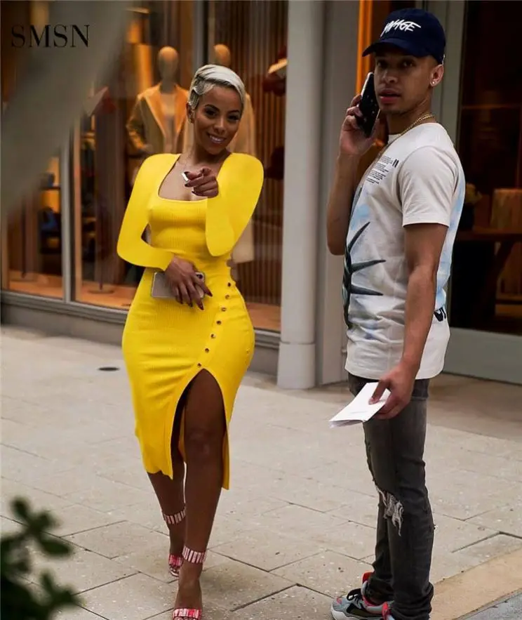 

High Quality Autumn Long Sleeve Square Collar Bodycon Sexy Split Skirt Womens Dresses Elegant Casual Dress