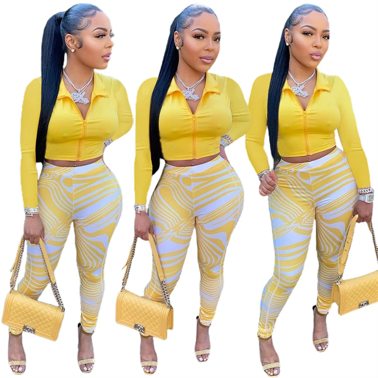 

New Trendy Print Zipper Skinny Casual Two Piece Long Set Women Joggers Suits Set