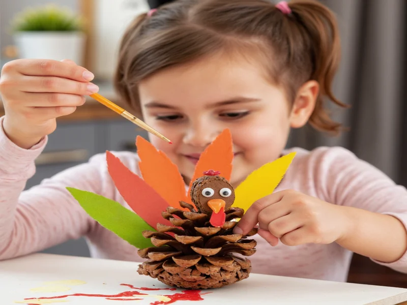 Child creating a pinecone turkey craft with non-toxic paints and glue