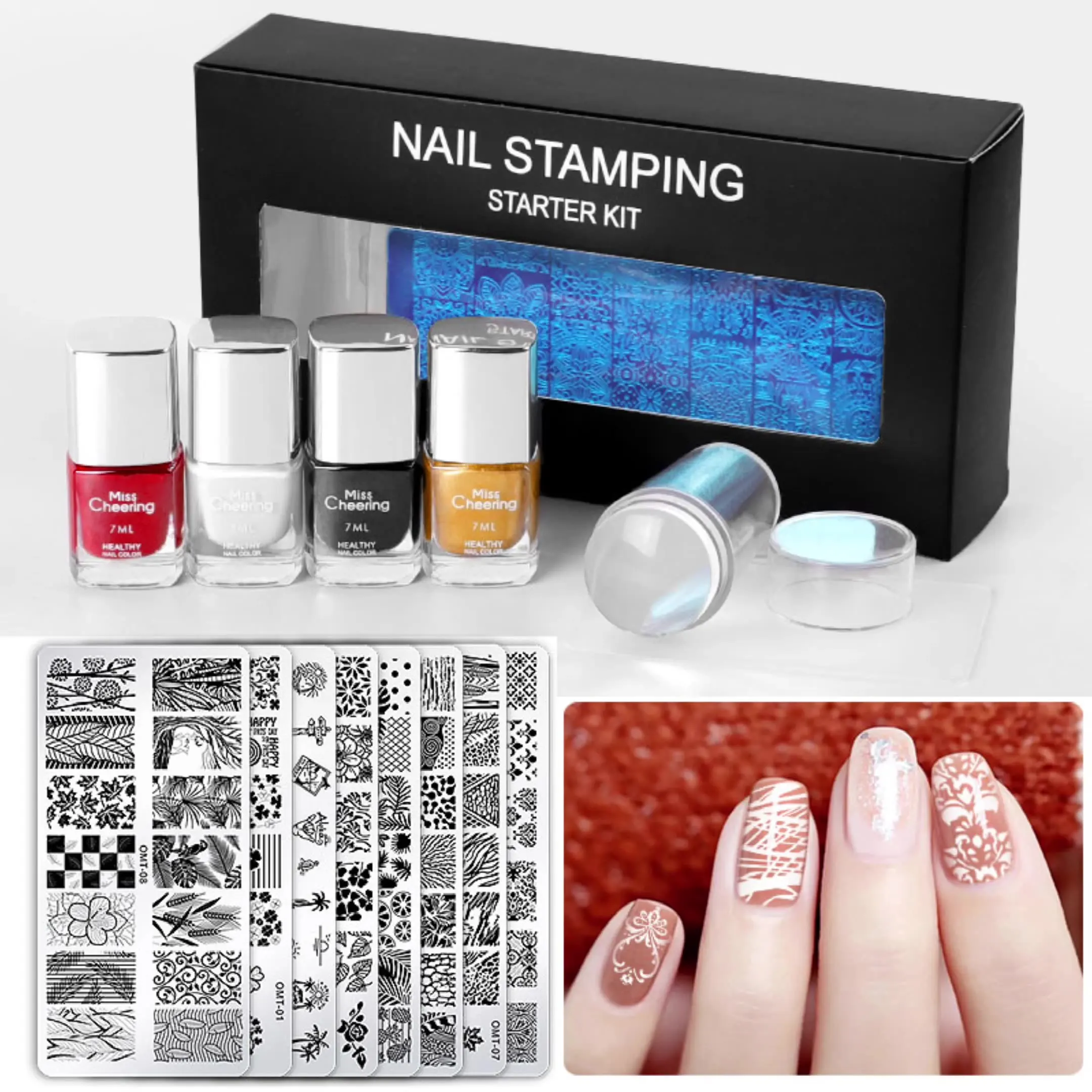 

3D Nail Art Printer New Design Nail Art Stamping Plates Set Template Tool Wth Polish Gel Nail Art Stamp Kits, Red white black yellow