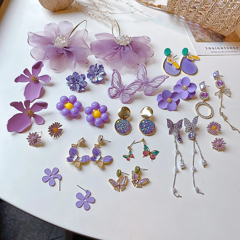 

HOVANCI 2020 Korean Summer New Trendy Purple Series Flower Stud Earrings Butterfly Flower Drop Earring For Women