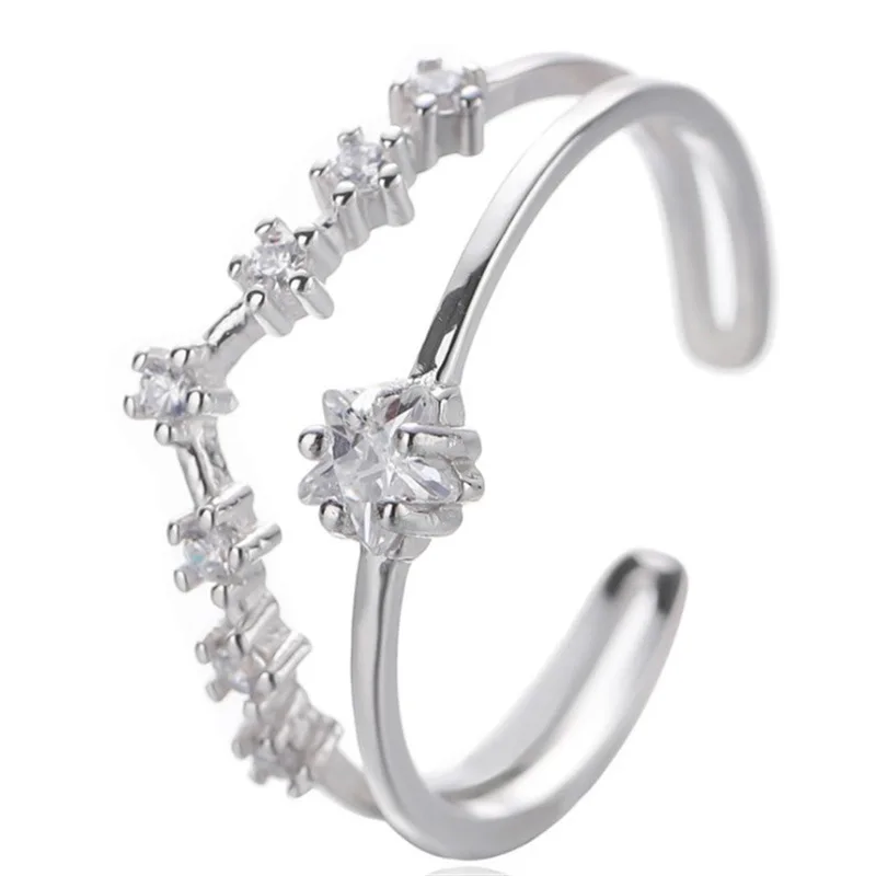 

Dainty Sterling Silver S925 Geometric Crown Shape Zircon Finger Rings 925 Silver Double Layer CZ Star Open Ring