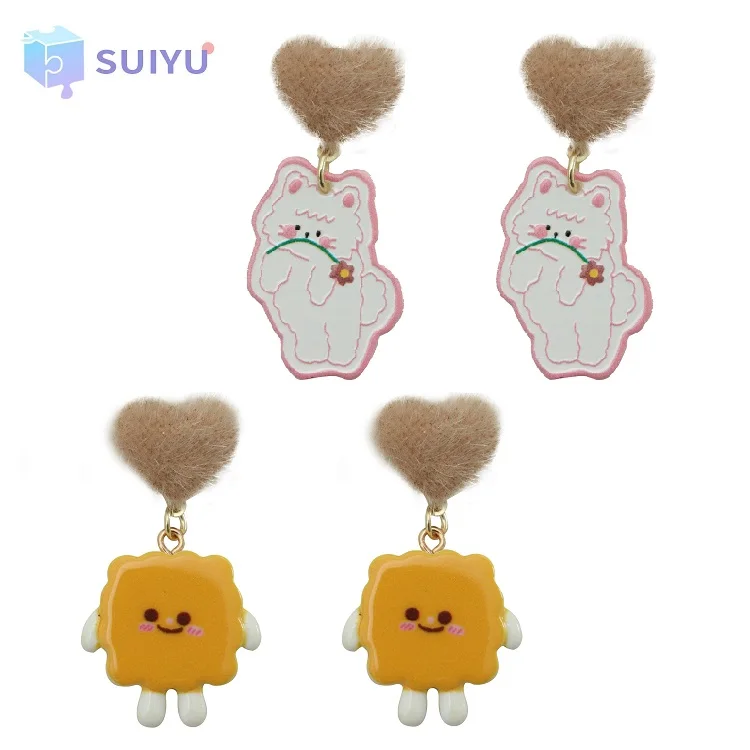 

Kawaii Acrylic Biscuit Cat Drop Earrings Lovely Plush Heart Cartoon Cat Pendants Studs Earrings for Party Wear Earrings, As picture