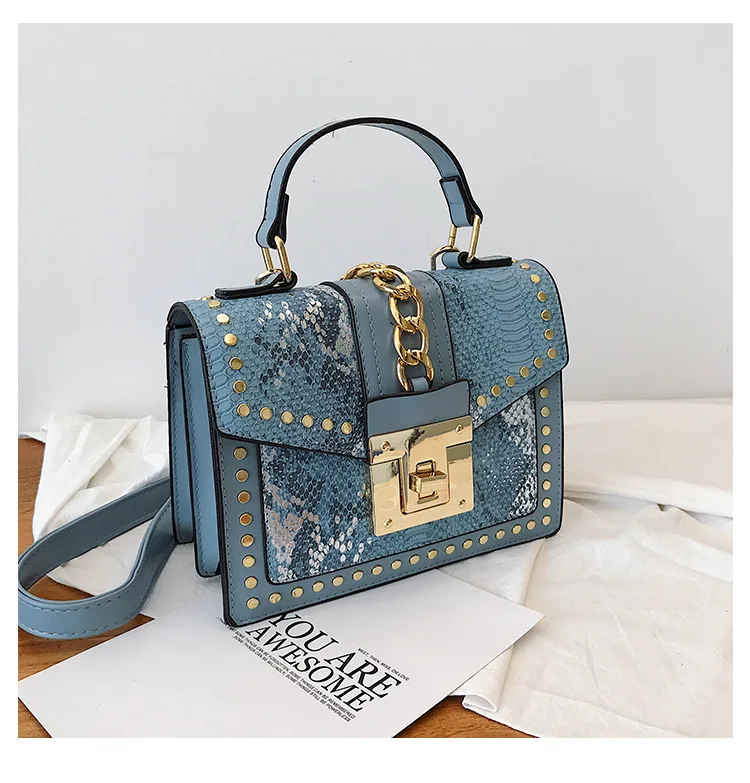 

2021 Wholesale New Fashion Designer Lock Snakeskin Pu Leather Handbag Purses And Handbags Women With Rivet