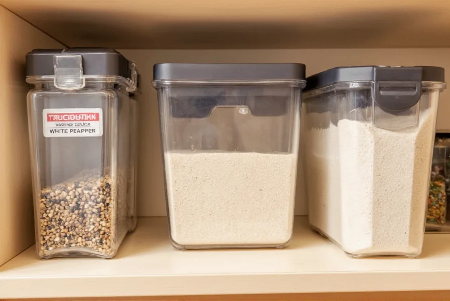 Proper storage of white pepper in airtight containers in kitchen cabinet