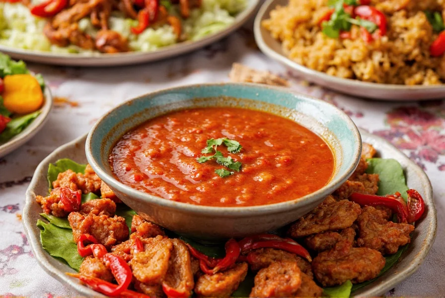 Various Southeast Asian dishes featuring sambal chili sauce as both cooking ingredient and table condiment