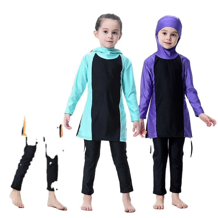 

Fashion Wholesale Elegant Islamic shiny three piece swimsuit swimwear for child, Multi colors