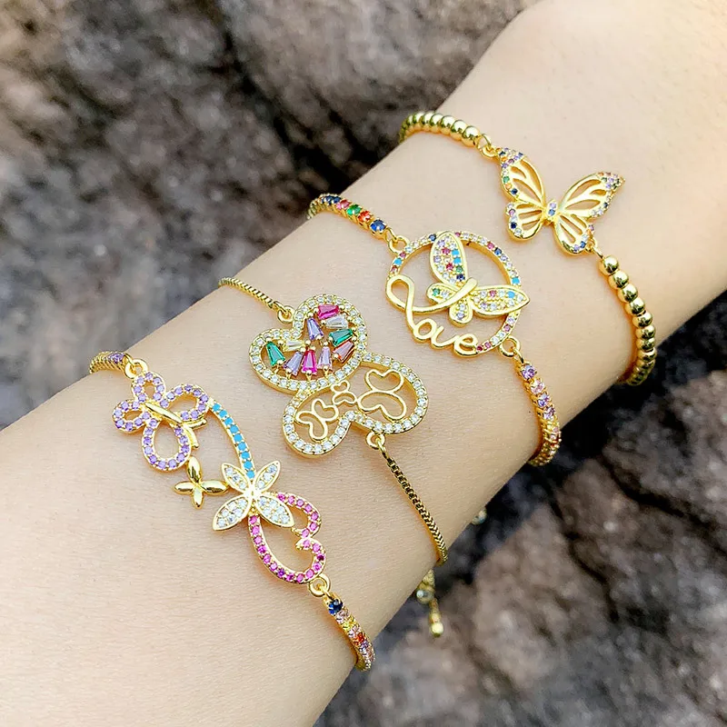 

Fashion Multicolor Bling CZ Zirconia Crystal Bracelets Jewelry Adjustable Heart Letter Butterfly Bracelet Woman