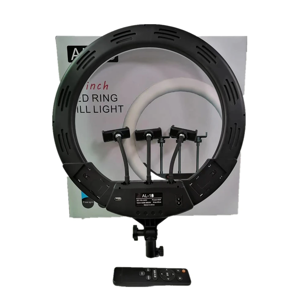 

Cheapest Led Ring Light 18 inch Selfie Makeup Light Ring Tripod Stand with 3 Phone Holder Remote Control for tik tok Youtobe