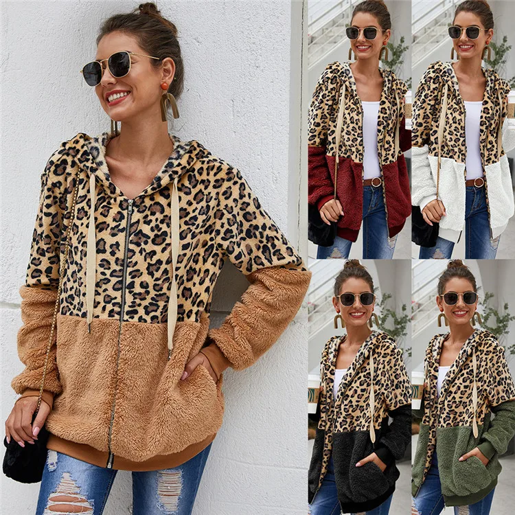 

LvCong Wholesale custom logo 2021 winter new style patchwork jacket women winter hoodies leopard jacket