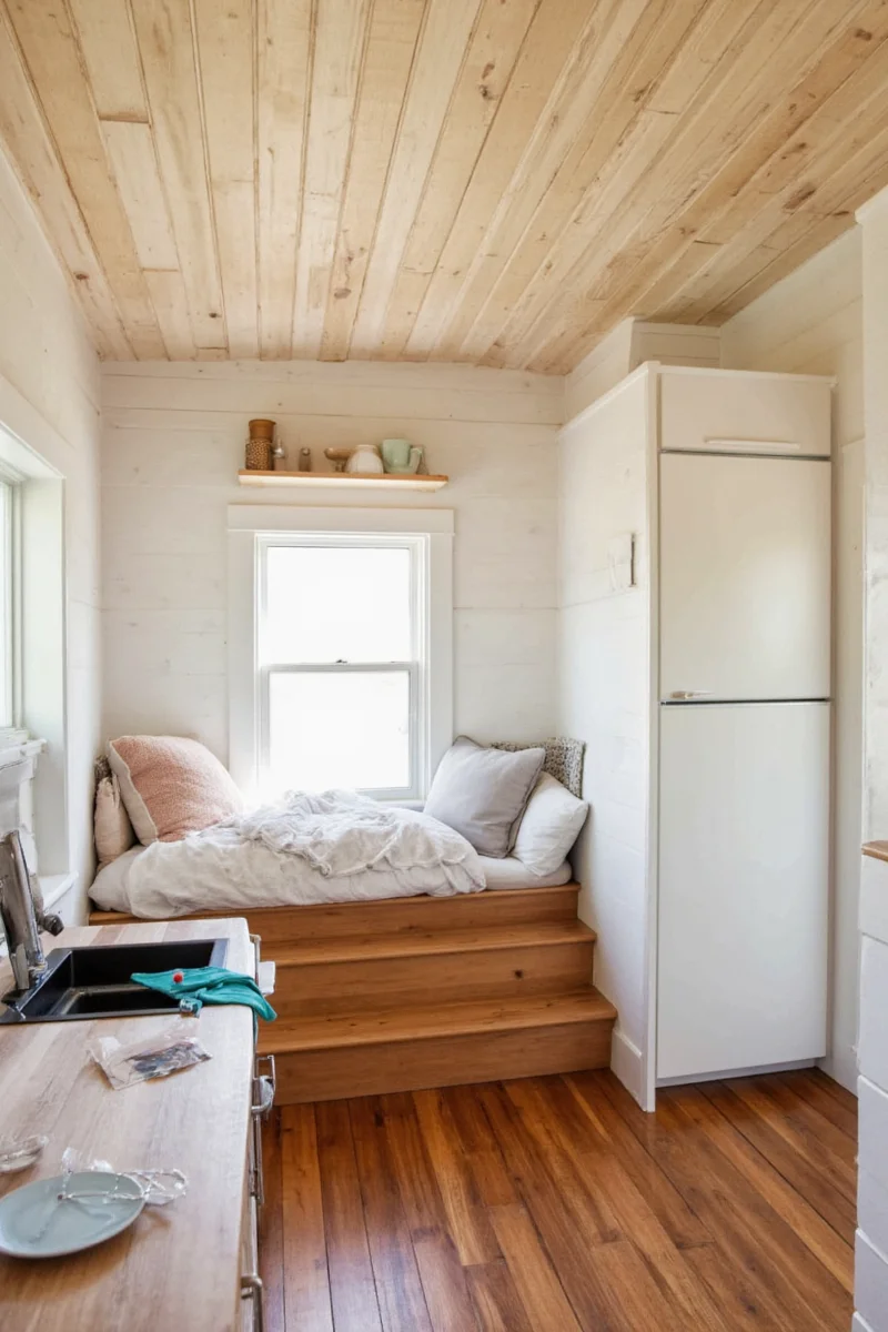 Family enjoying a cozy tiny house cabin interior