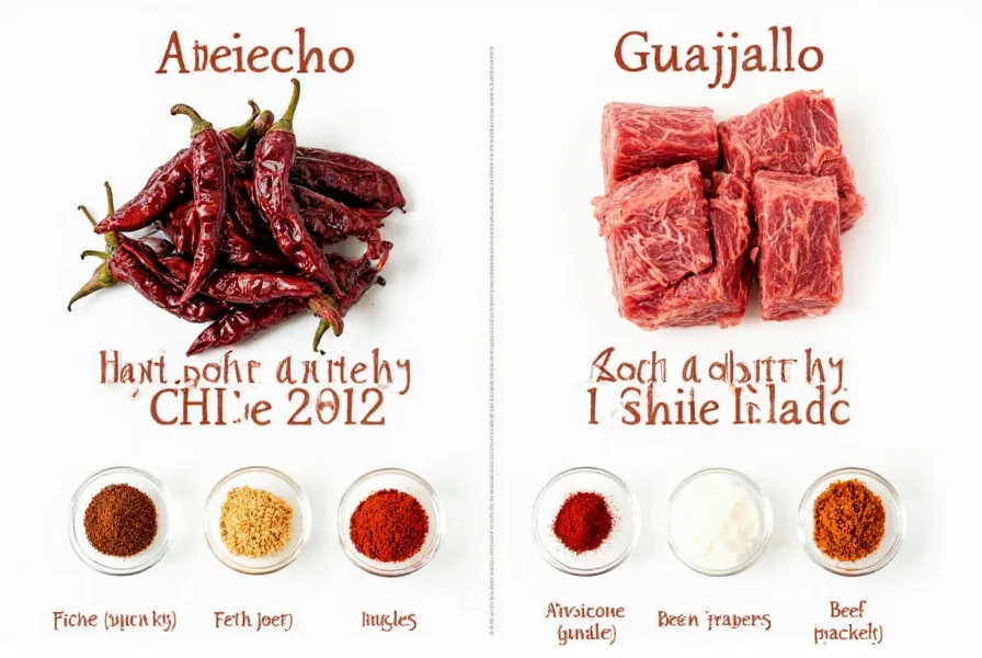 Comparison of traditional chili con carne ingredients including dried ancho and guajillo peppers, beef chunks, and spices