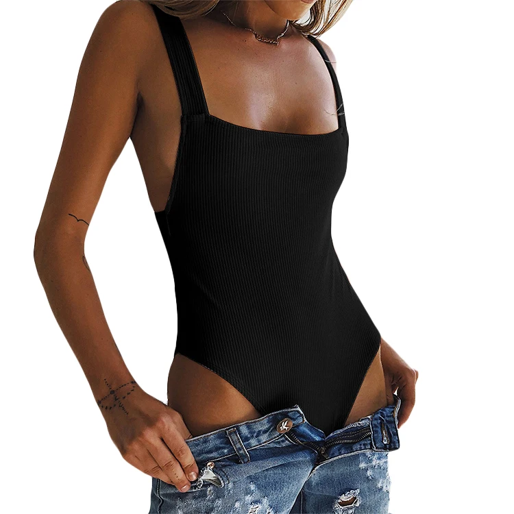 

High Quality Women Ribbed Stretch Shape Fabric Square Neck Solid Color Sleeveless Womens One Piece Bodysuits
