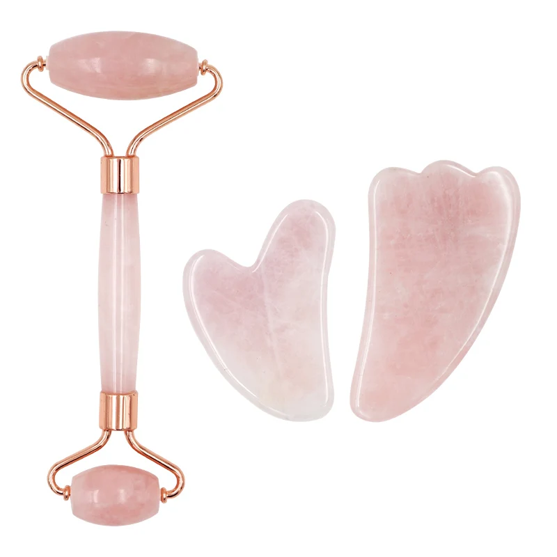 

2021 Natural Gemstone Facial Massager Roller Rodillo De Face Lifting Massage Rose Pink Quartz Stone Jade Roller Gua Sha Set