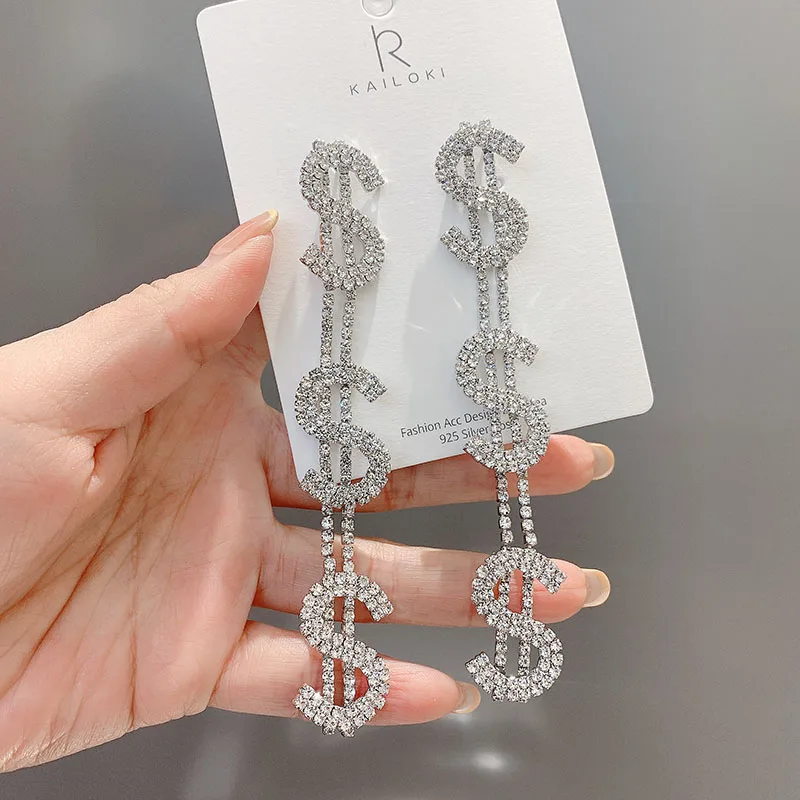 Hot Sale Super Shiny Rhinestone Dollar Dangle Earrings for Women Fashion Jewelry Party Statement Drop Earrings Accessories