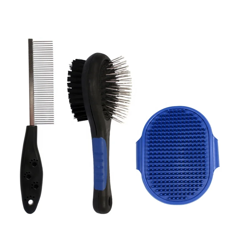 

Factory Wholesale 3 In 1 Dog Bath Brush Comb Dog Grooming Kit Dog Grooming Brush Set, Blue/red