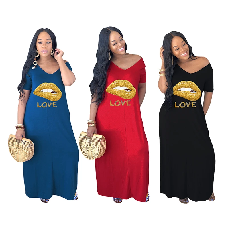 

Stock 2021 New 2020 Fashion Sexy lips high quality 1piece casual loose dress wide V-neck collar dress Plus size women casual dresses 2020, Customized color