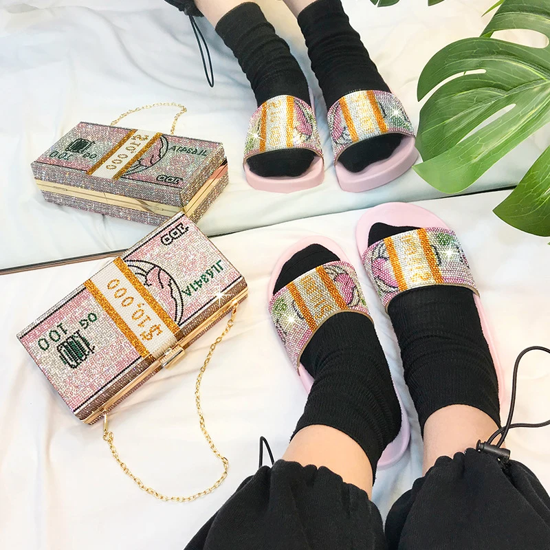 

2021 Agreat Rhinestone Shoulder Matching Money Bag Wallet Women Hand Bag Fashion Diamond Sandals With Money Purse PVC Evening, Customizable