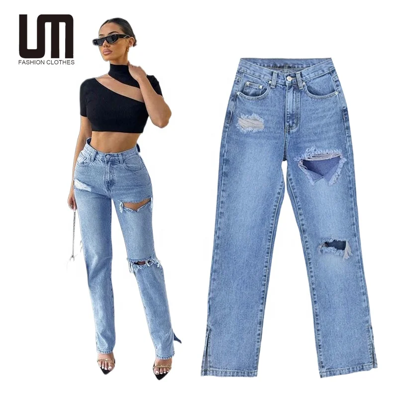 

Liu Ming Y2K Fashion 2023 Streetwear Women Casual High Waist Hole Straight Pants Jeans