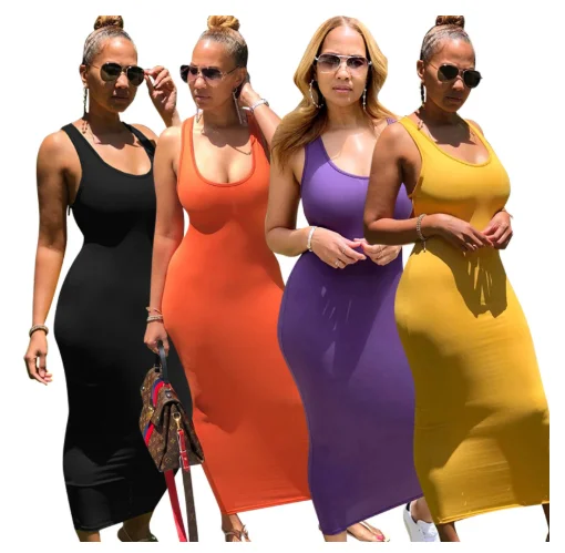 

L109 Dropship Women's Sleeveless Tie Racerback Skinny Plain Maxi Tank Dresses Casual Long Dresses