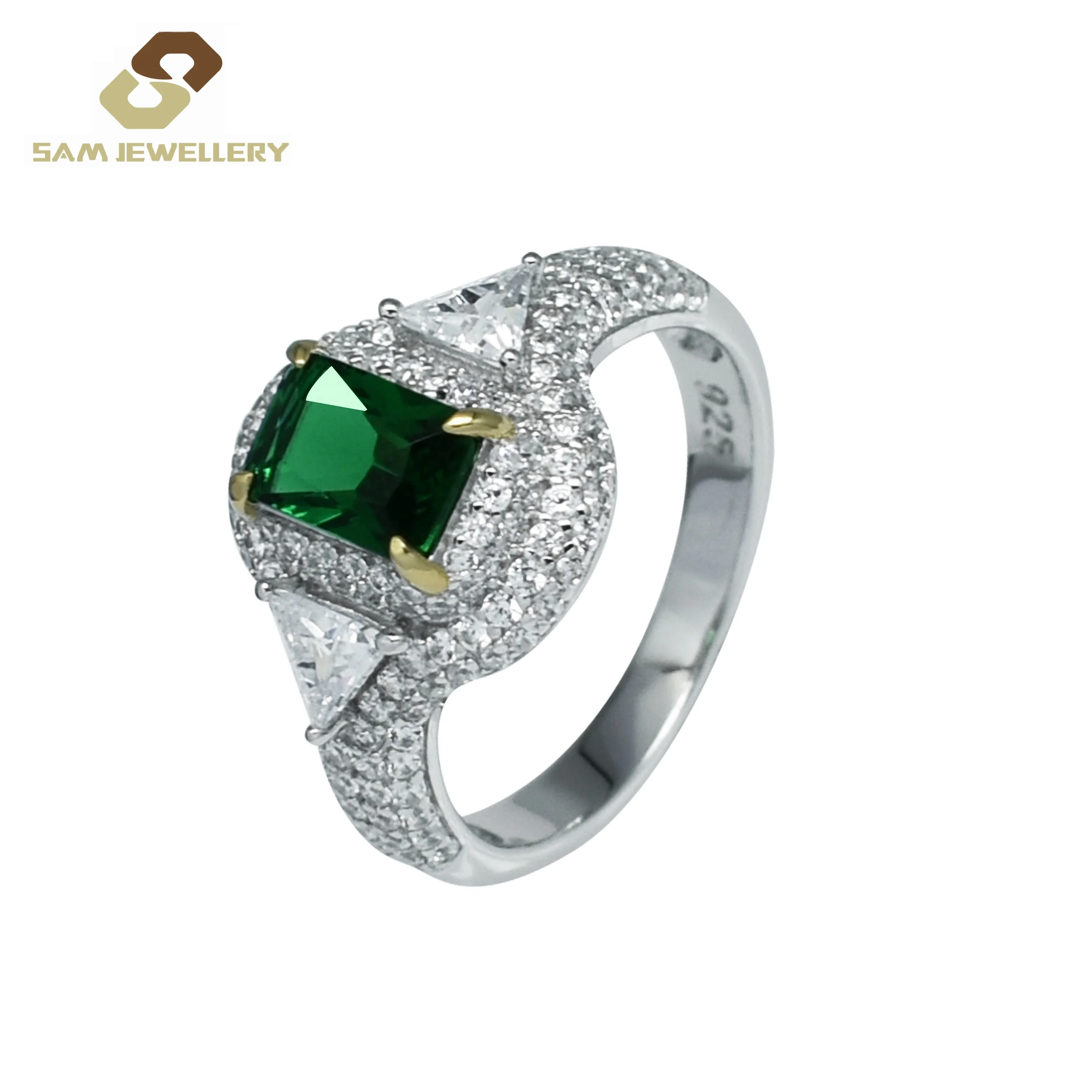 

New Design Value 925 Sterling Silver High Quality Gold Plate Hawk Claw Set Synthetic Emerald Wedding Rings Jewelry, Picture