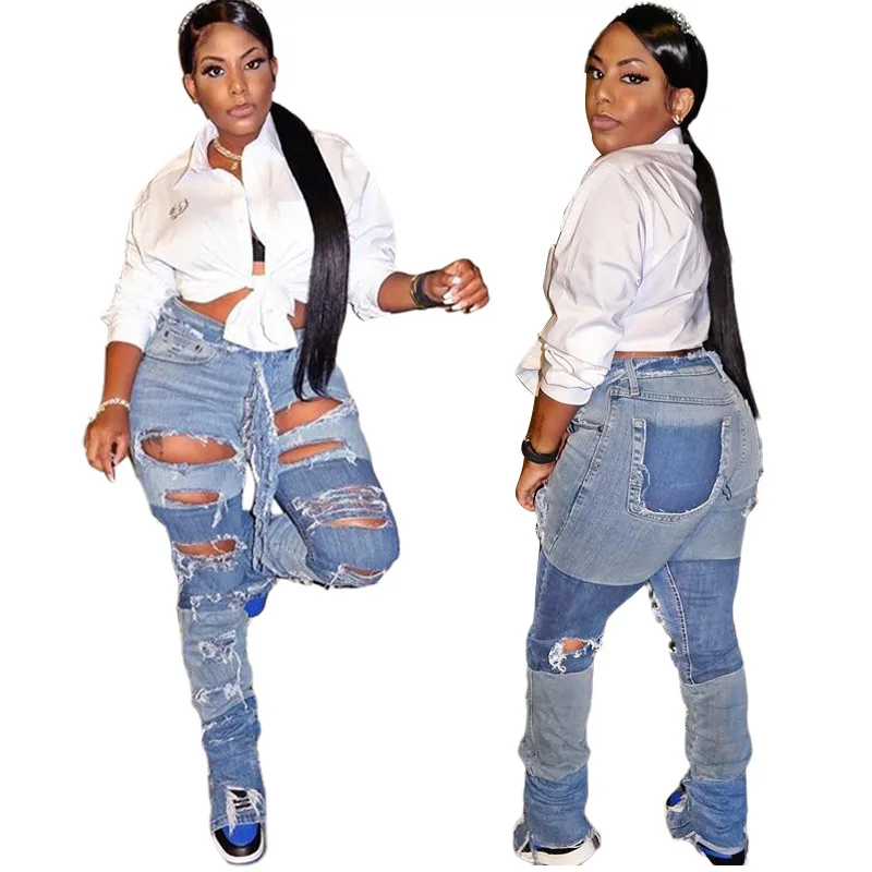 

Wholesale Casual Denim Distressed ripped jeans women