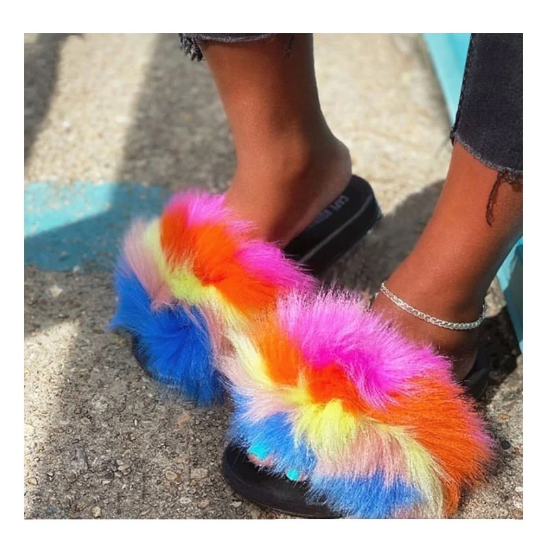 

Factory Wholesale Fur Slides Women And Lady Slippers Outdoor Soft Fox Fur Slides For Indoor Home Women Slippers, Black with multi color upper
