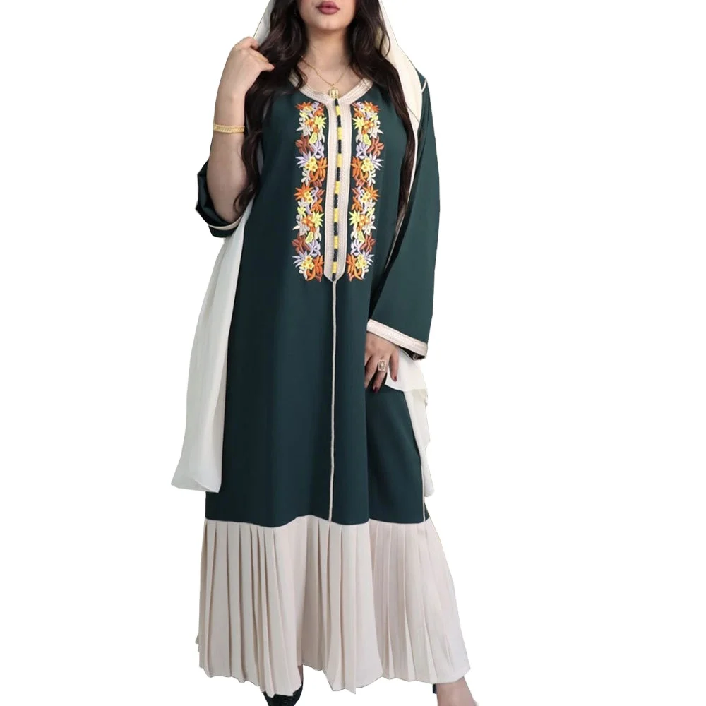 

Turkish latest designs 2022 new style muslim dress embroidered chiffon dubai kaften, Green