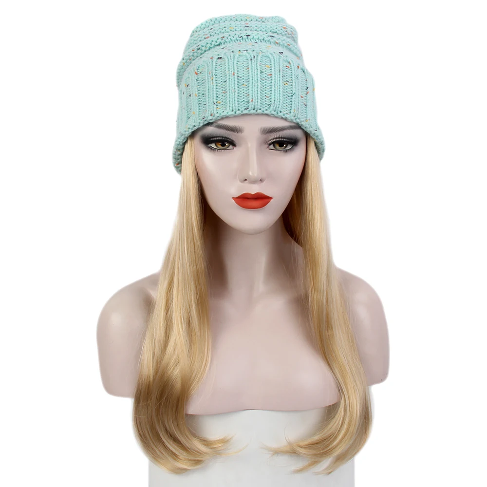 

STfantasy Women Winter Knit Beanie HAT Wig Blonde Long Synthetic Hair Hat Wig For Women
