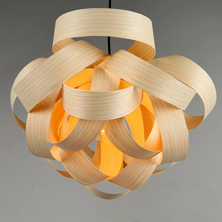 Handmade natural oak cherry  curvy wooden veneer rattan bamboo weaving chandelier pendant light