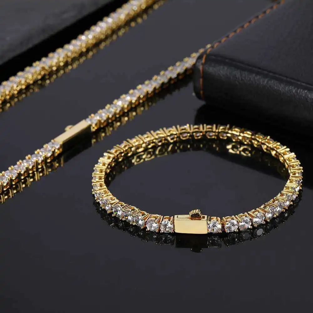 

Carline Fashion 3mm Stainless Steel 5A Cubic Zirconia Tennis Chain 18k Gold Plated Hip Hop Full CZ Necklace Bracelet Jewelry
