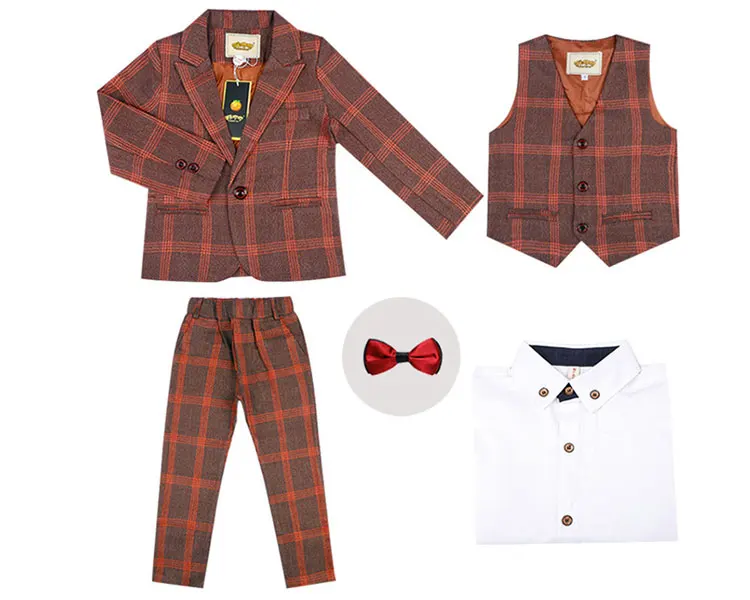 Kids formal dress wedding party suit 4 pcs plaid suit for boys